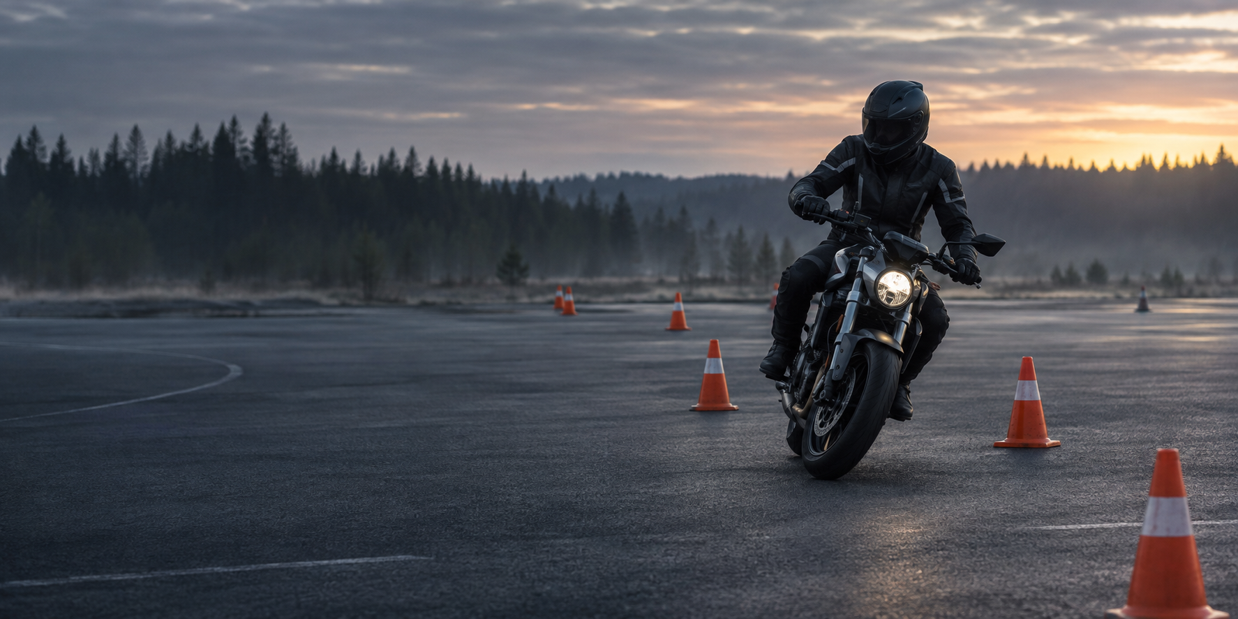 Motorcyklist som tränar på en manöverbana med koner